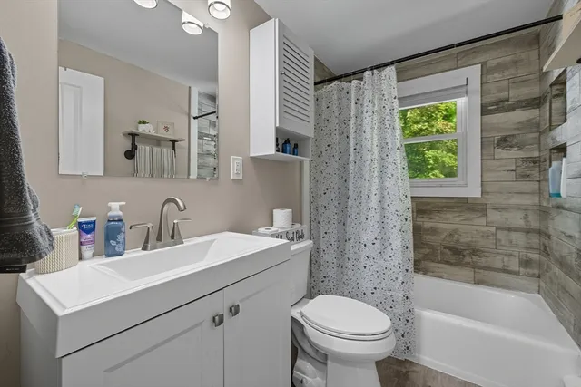 a bathroom with a sink a toilet a mirror a vanity and shower