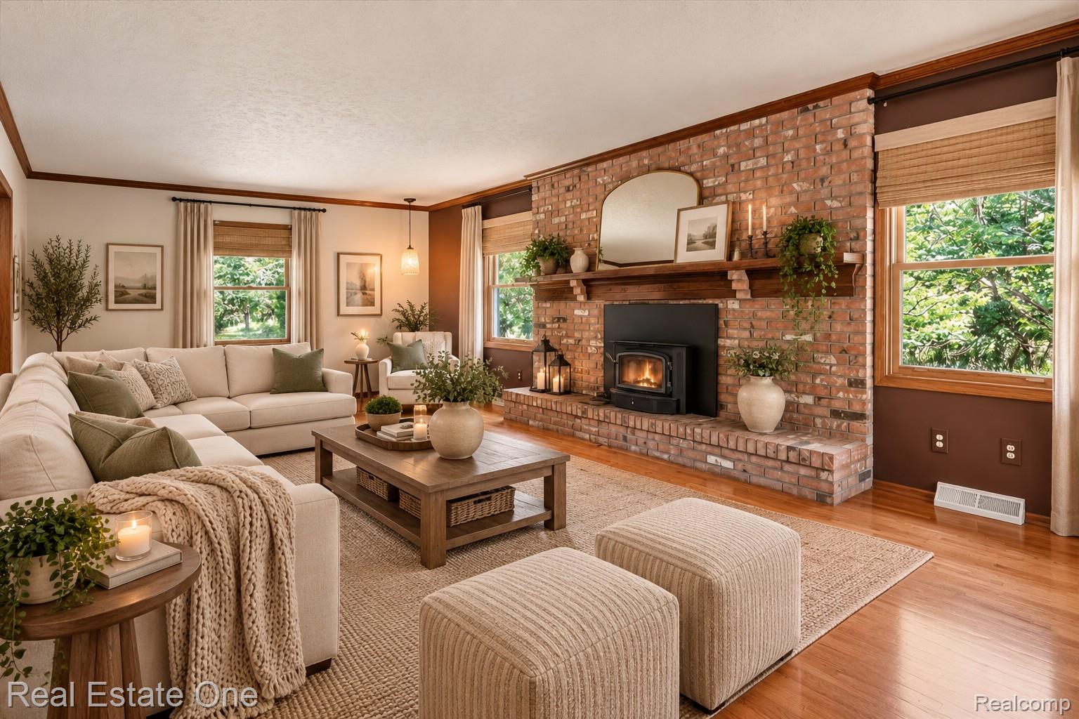 Virtually staged using AI-generated furnishings and décor. Inviting living space centered around the impressive brick fireplace with windows overlooking the property.