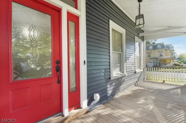 a view of a balcony with door