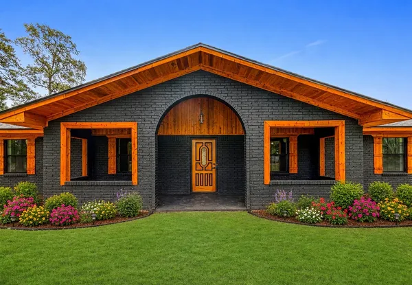 a front view of a house with garden