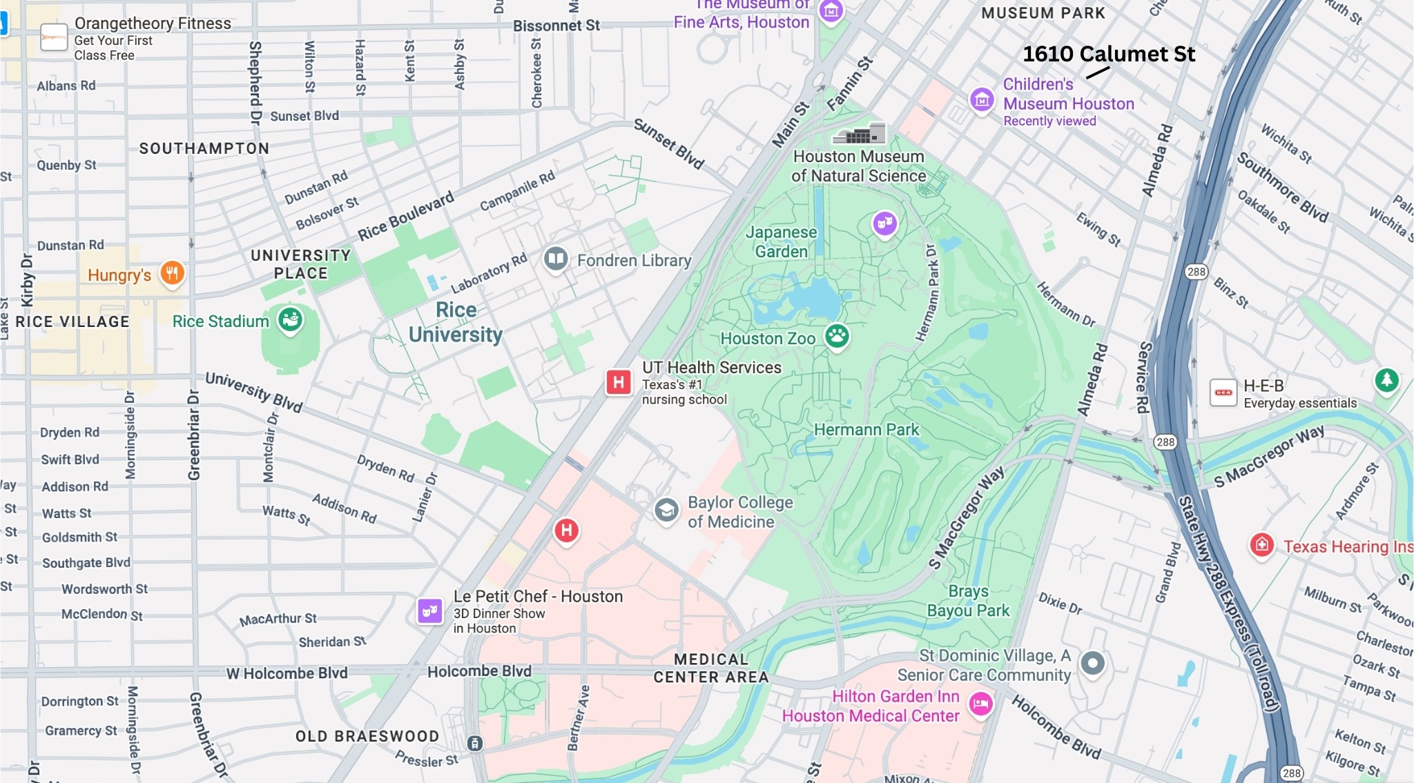 1610 Calumet Street Houston, TX 77004 - Photo 3 of 46 Map of area - note the proximity to Childrens museum, Fine art Museum, zoo, Medical Center, UT Nursing School, Rice University