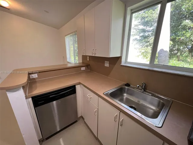 a view of a sink and dishwasher next to a window