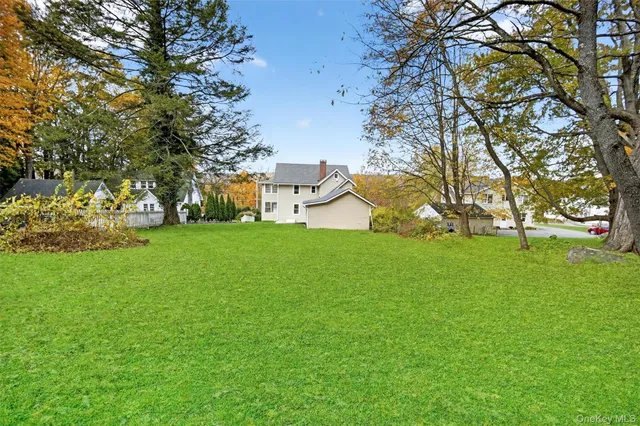 a view of a park with large trees
