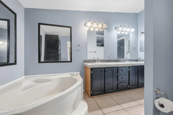 a bathroom with a tub sink and mirror