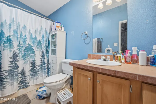 a bathroom with a granite countertop sink a toilet and a mirror