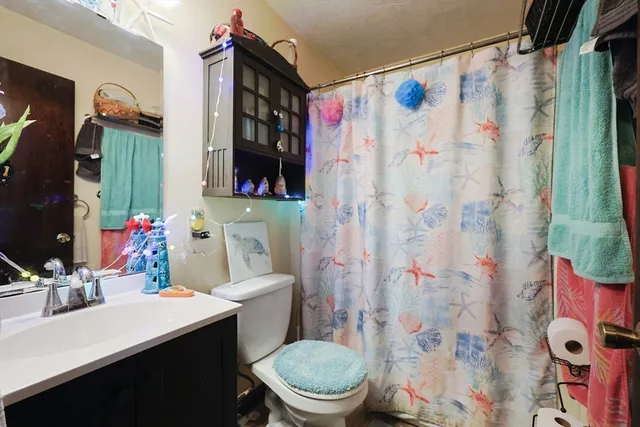 a bathroom with a sink a toilet and shower curtain