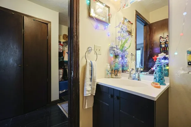 a bathroom with a sink vanity mirror and a shower