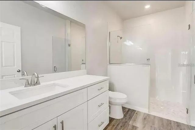 a bathroom with a sink a toilet and a large mirror