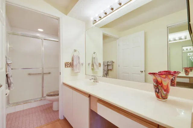 a bathroom with a sink a toilet and shower