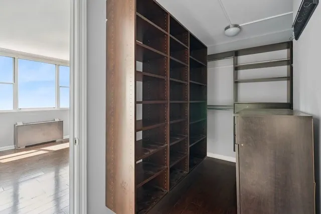 a view of walk in closet with empty racks