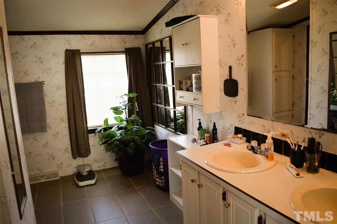 7236 Pecan Tree Street Willow Spring, NC 27592 - Photo 15 of 25 a bathroom with a sink a mirror a potted plant and a shower