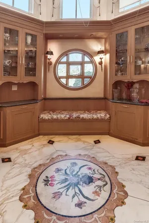 a view of a wooden door with a sink
