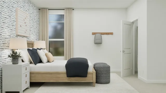 a bedroom with a bed and a mirror