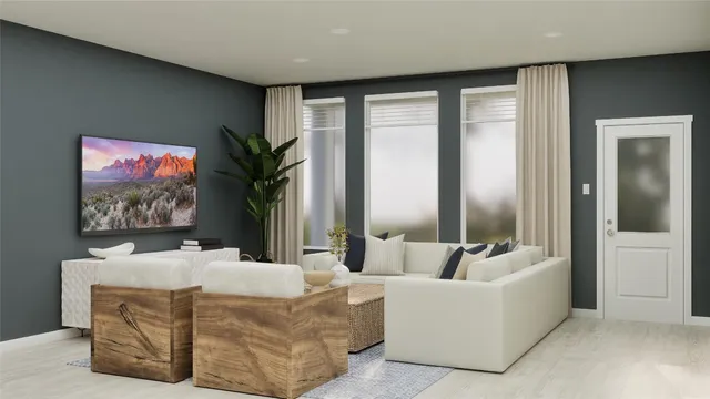 a living room with fireplace furniture and a flat screen tv