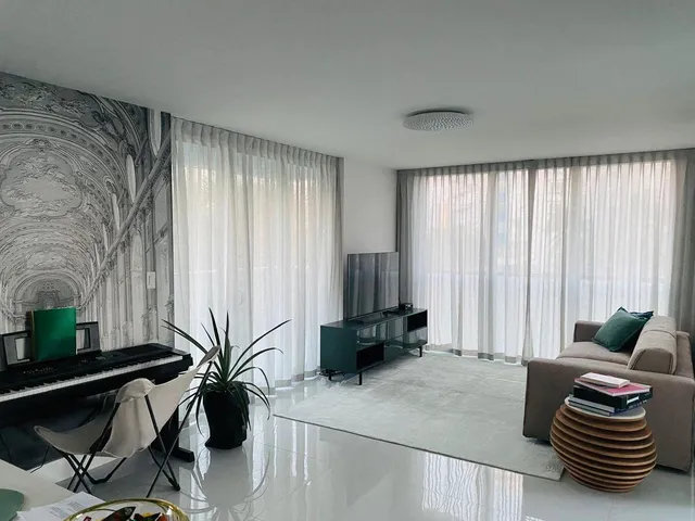 a living room with furniture and a potted plant