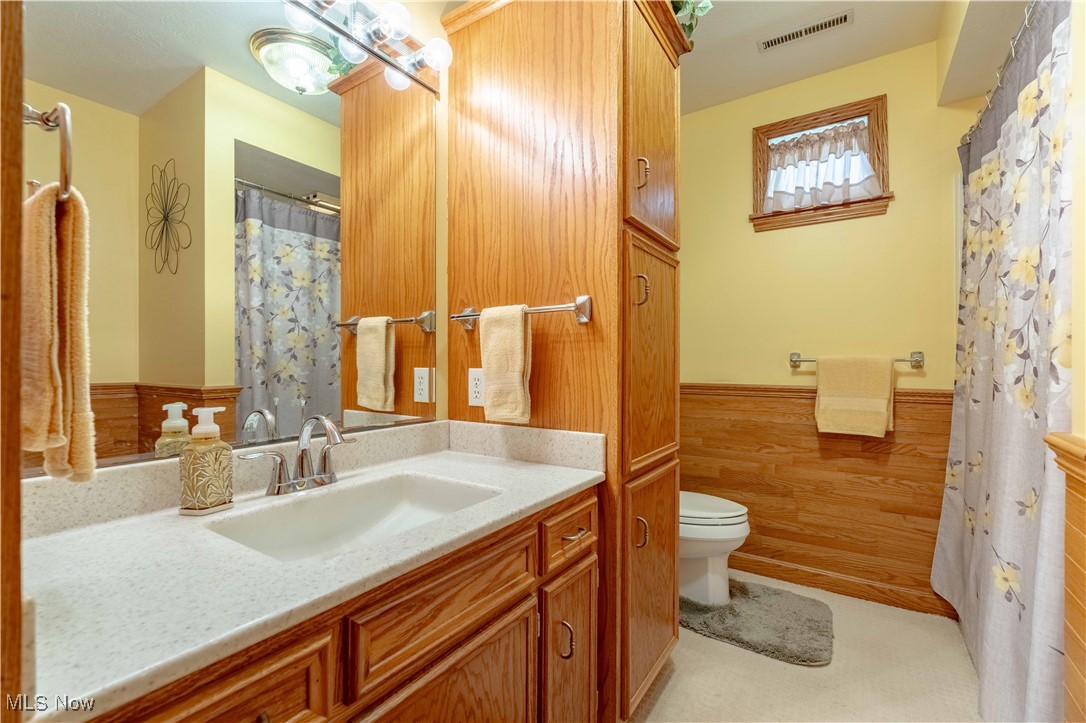 90480 Kilgore Ridge Road Scio, OH 43988 - Photo 20 of 39 Bathroom with vanity, wainscoting, wooden walls, and a shower with curtain