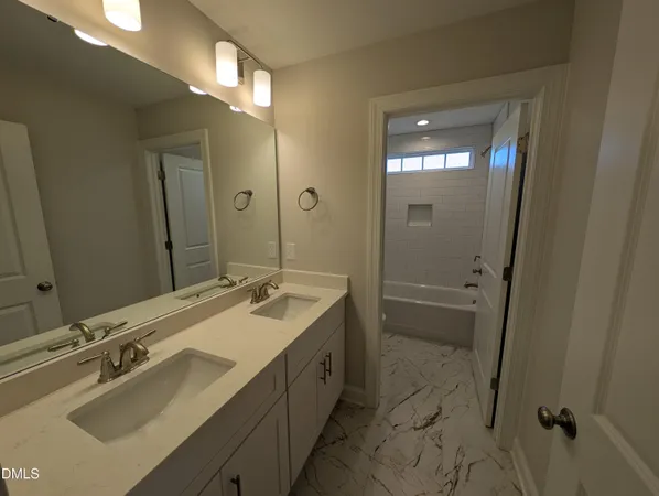 a bathroom with a double vanity sink mirror and shower