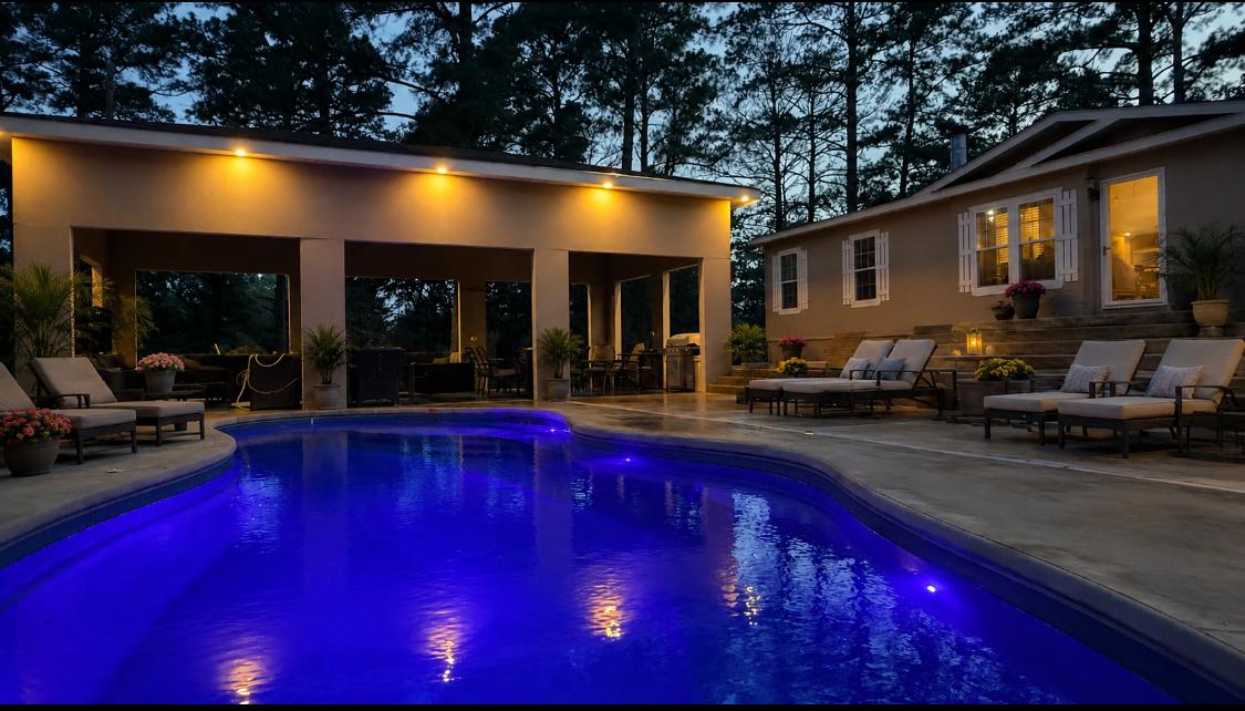 438 Kellar Road Smithville, TX 78957 - Photo 5 of 30 An illuminated backyard oasis awaits with a vibrant in-ground pool and an inviting outdoor living area.