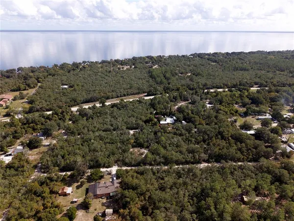an aerial view of a houses with a lake