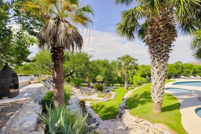 a view of a park with large trees