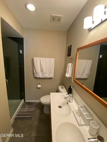 a bathroom with a double vanity sink mirror and toilet