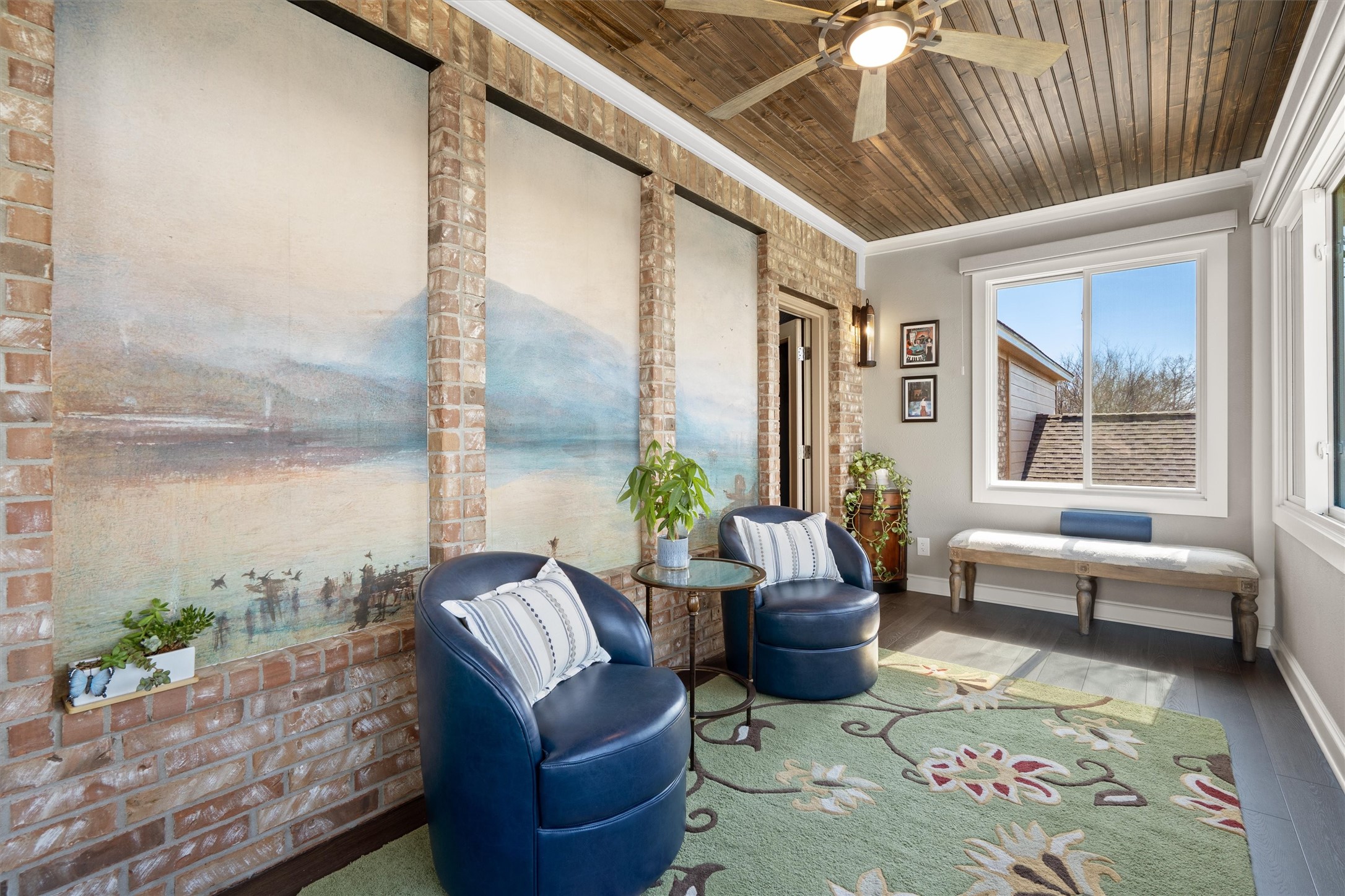 3105 Castellano Way Cedar Park, TX 78613 - Photo 32 of 40 Another view of the quaint enclosed balcony highlighted by a gorgeous wood-paneled ceiling and exposed brick detailing, creating a warm, character rich space.