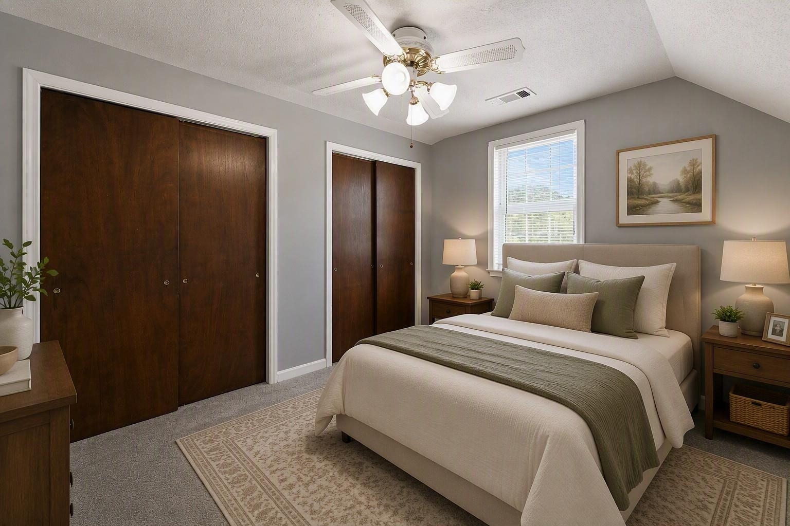 4920 Whitworth Road Memphis, TN 38116 - Photo 22 of 32 Recessed window with white trim, two dark wood-finish bi-fold closets, ceiling fan with light fixture, and light gray wall paint