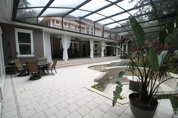 a view of a building with a patio