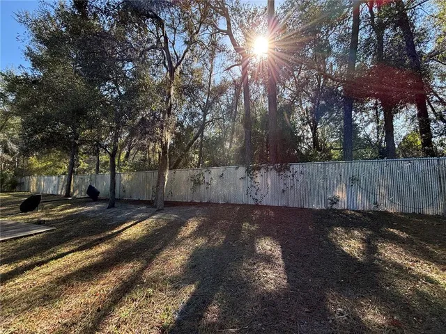 a view of a street with a yard and trees