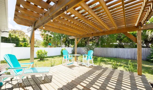 a backyard of a house with table and chairs