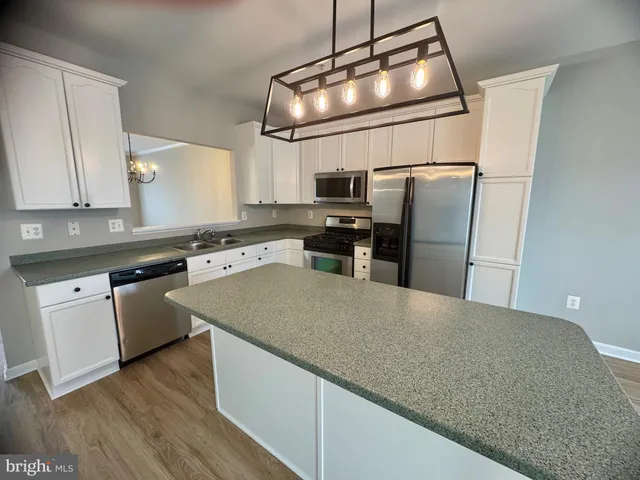 a kitchen with stainless steel appliances granite countertop a sink dishwasher a refrigerator and a stove with wooden floor