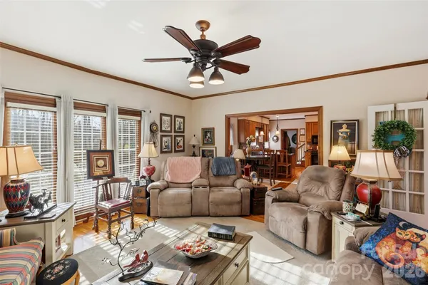 a view of a dining room with furniture