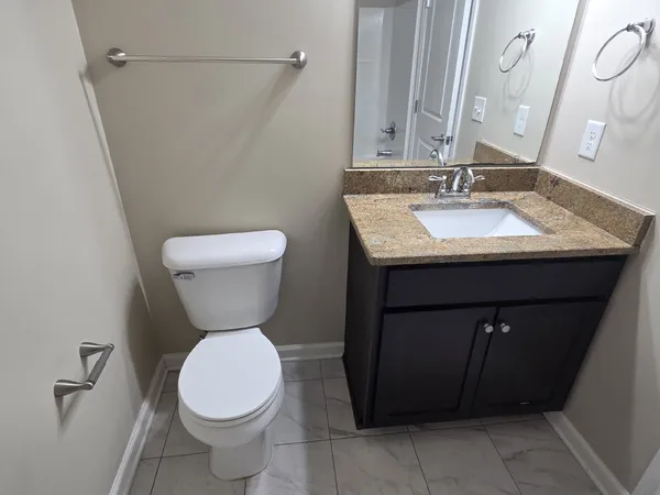 a bathroom with a sink a toilet and a mirror