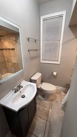 a bathroom with a sink vanity and a toilet