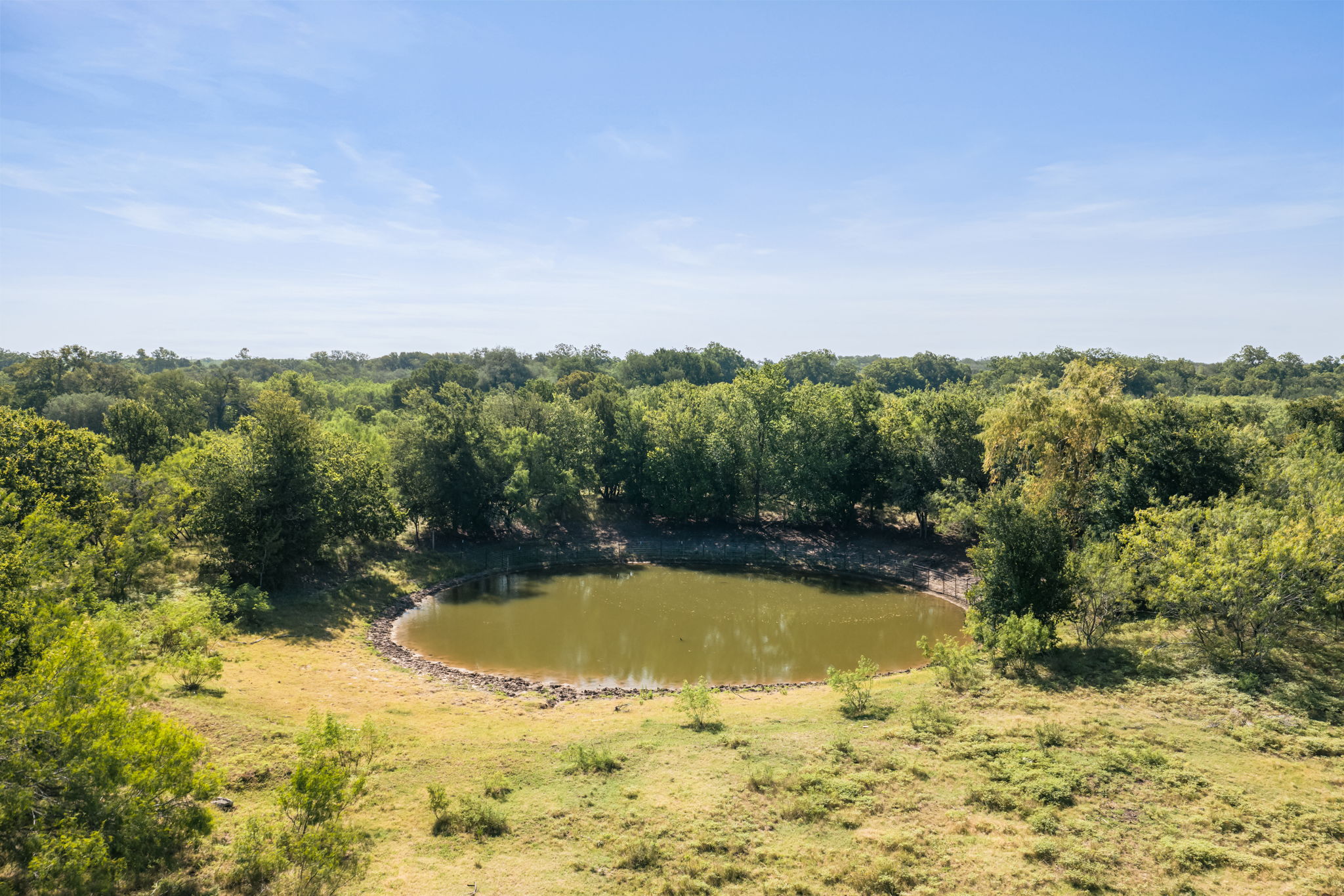625 Callihan Road Luling, TX 78648 - Photo 3 of 26 A tranquil pond nestles amidst abundant mature trees, creating a serene natural landscape.