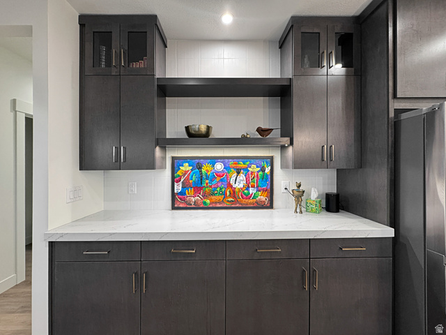 851 Grandview Drive Morgan, UT 84050 - Photo 10 of 68 Kitchenette featuring dark wood-finish cabinetry, light-toned countertops, and a white tile backsplash