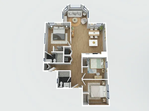 a view of a hallway with seating area and bathroom