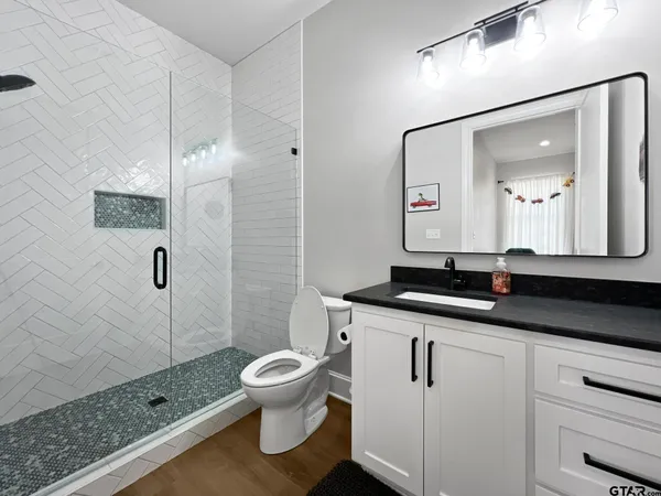 a bathroom with a granite countertop sink a toilet and a mirror