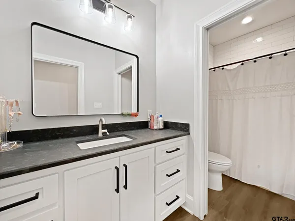 a bathroom with a granite countertop sink a toilet and a mirror