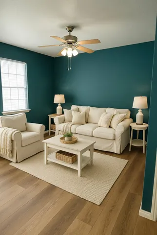 a view of a room with a ceiling fan and window
