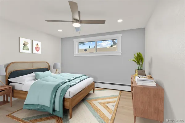 a bedroom with a bed and a painting on the wall