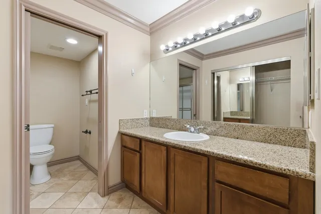 a bathroom with a granite countertop sink a toilet and a mirror