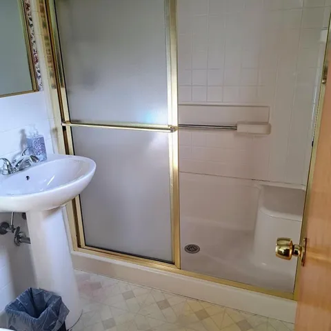 a bathroom with a sink mirror and shower