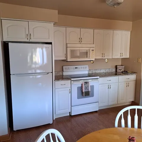 a kitchen with stainless steel appliances granite countertop a refrigerator a stove a sink and white cabinets