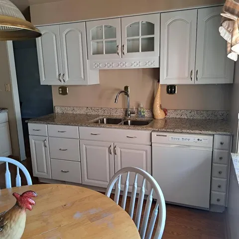 a kitchen with cabinets appliances and a counter top