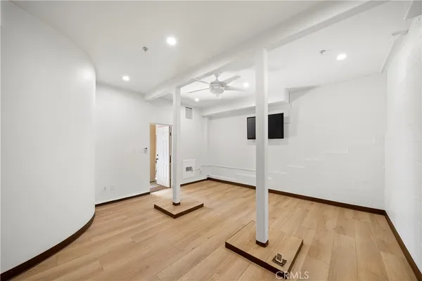 a living room with couches and a potted plant
