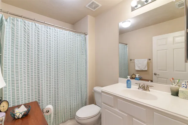 a bathroom with a sink a toilet and shower curtain