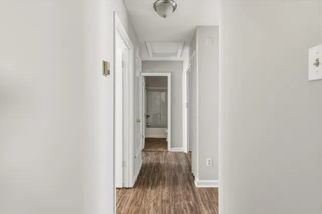 a view of a hallway with wooden floor