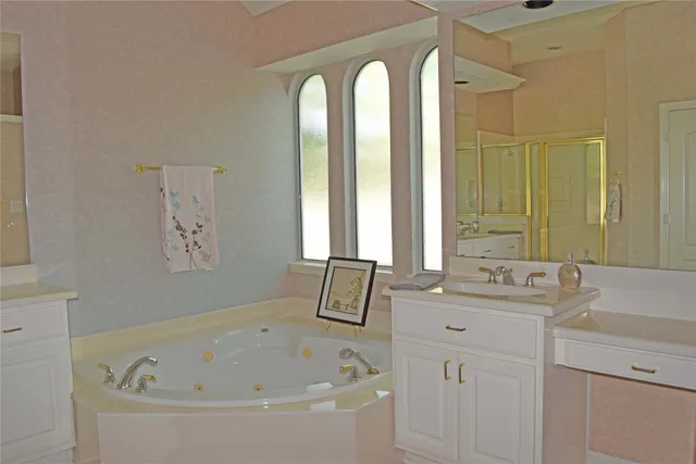 a bathroom with a granite countertop sink mirror and double