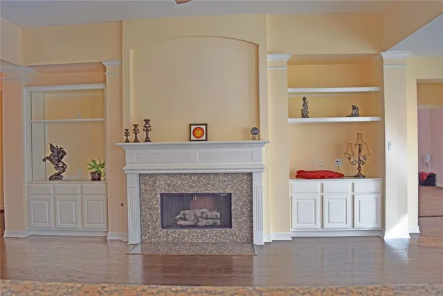 a living room with a fireplace